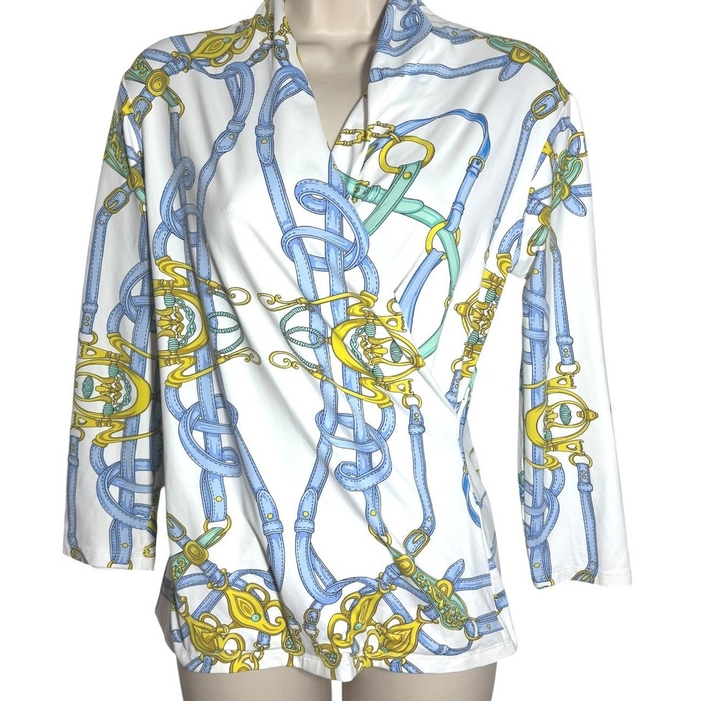 J Mclaughlin White Faux Wrap Blouse Top with Chain Print sz S MINT!